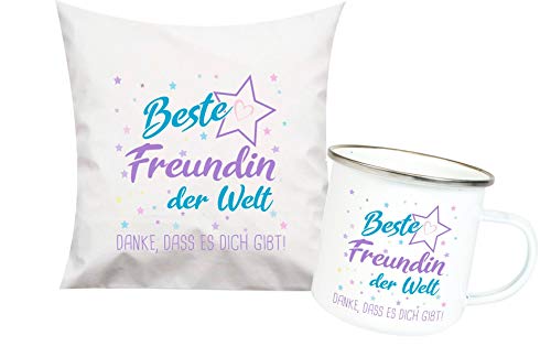 ShirtInStyle, Geschenkset, beste Freundin der Welt, danke das es dich gibt! Kissen- und Emaille Tasse als Set Farbe weiß von ShirtInStyle