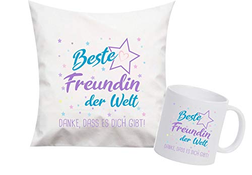 ShirtInStyle, Geschenkset, beste Freundin der Welt, danke das es dich gibt! Kissen- und Tasse als Set Farbe weiß von ShirtInStyle