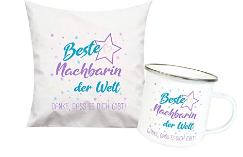 ShirtInStyle, Geschenkset, beste Nachbarin der Welt, danke das es dich gibt! Kissen- und Emaille Tasse als Set Farbe weiß von ShirtInStyle