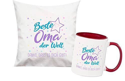 ShirtInStyle, Geschenkset, beste Oma der Welt, danke das es dich gibt! Kissen- und Tasse als Set Farbe weinrot von ShirtInStyle