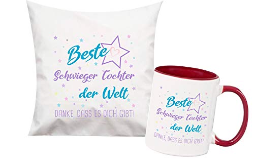 ShirtInStyle, Geschenkset, beste Schwieger Tochter der Welt, danke das es dich gibt! Kissen- und Tasse als Set Farbe weinrot von ShirtInStyle