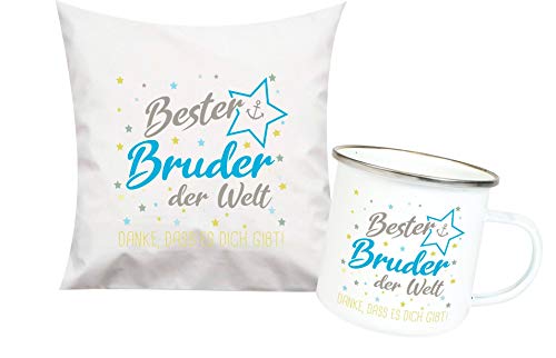 ShirtInStyle, Geschenkset, bester Bruder der Welt, danke das es dich gibt! Kissen- und Emaille Tasse als Set Farbe weiß von ShirtInStyle