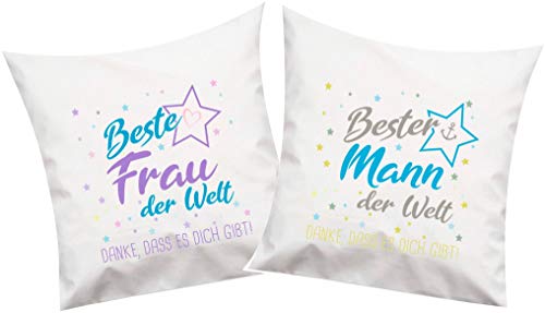 ShirtInStyle, Geschenkset, Kissenset beste Frau, bester Mann der Welt, danke das es dich gibt! Kissenset 2 Stück 40x40cm mit Füllung Set, Farbe weiß von ShirtInStyle