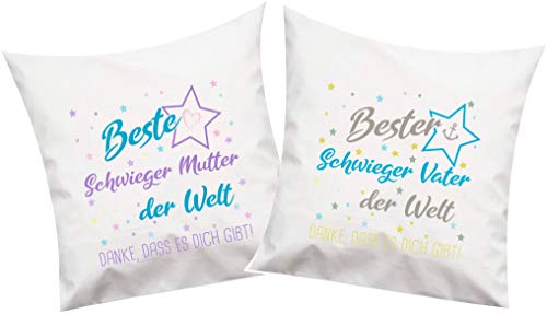 ShirtInStyle, Geschenkset, Kissenset beste Schwieger Mutter, bester Schwieger Vater der Welt, danke das es dich gibt! Kissenset 2 Stück 40x40cm mit Füllung Set, Farbe weiß von ShirtInStyle