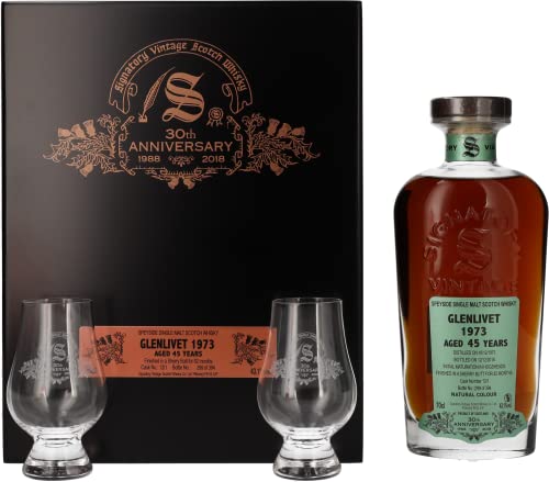 Signatory Vintage GLENLIVET 45 Years Old 30th ANNIVERSARY 1973 43,1% Vol. 0,7l in Holzkiste mit 2 Gläsern von Signatory Vintage