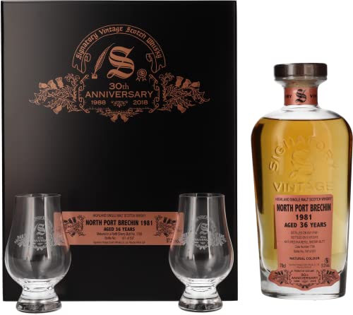 Signatory Vintage NORTH PORT BRECHIN 36 Years Old 30th ANNIVERSARY 1981 57,2% Vol. 0,7l in Holzkiste mit 2 Gläsern von Signatory Vintage