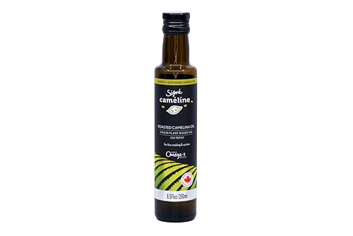 Signé Caméline, kaltgepresstes geröstetes Leindotteröl, 250 ml. Noten von Sesamöl und gerösteten Haselnüssen, asiatische Küche, Ramen-Nudeln, Sushi, Sautés. Produkt aus Kanada. von Signé Caméline