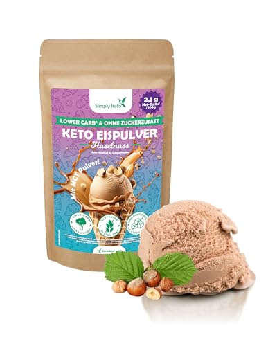 Simply Keto Lower-Carb* Haselnuss Eis Mix - Cremiges Eis ohne Zuckerzusatz mit nur 2,1 g Netto-Kohlenhydrate - ohne Maltit - Glutenfrei, sojafrei & ketogen - für 10 Portionen (100 g) von Simply Keto