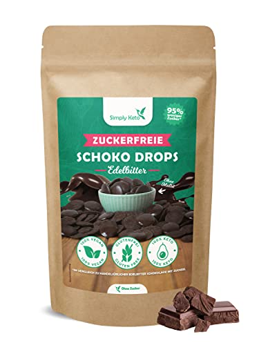 Simply Keto Lower Carb* Schokodrops Zuckerfrei (200g) - Edelbitter Schoko Drops zum Naschen oder Backen - Vegan & gesüßt mit Erythrit statt Zucker - Ideal für Low-Carb & Ketogene Ernährung von Simply Keto