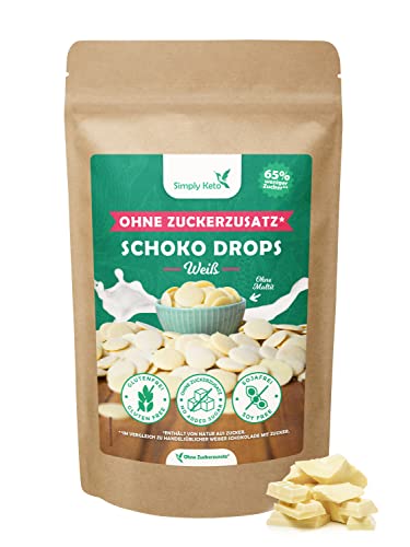 Simply Keto Lower Carb* Schokodrops ohne Zuckerzusatz (200g) - Weiße Schoko Drops zum Naschen oder Backen - Gesüßt mit Erythrit statt Zucker - Ideal für Low-Carb & Ketogene Ernährung von Simply Keto