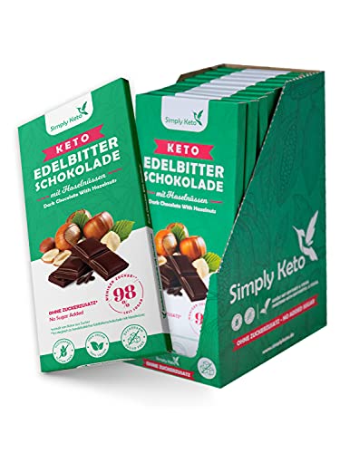 Simply Keto Lower Carb* Schokolade mit Haselnüssen & 60% Kakao - Edelbitter Schokolade ohne Zuckerzusatz - Gesüßt mit Erythrit statt Zucker - Nur 4g Net Carbs pro 100g - Glutenfrei & Vegan, 12 x 125g von Simply Keto