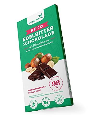 Simply Keto Lower Carb* Schokolade mit Haselnüssen & 60% Kakao - Edelbitter Schokolade ohne Zuckerzusatz - Gesüßt mit Erythrit statt Zucker - Nur 4g Netto-Kohlenhydrate pro 100g - Glutenfrei & Vegan von Simply Keto