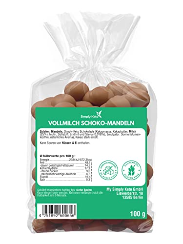 Simply Keto Schoko Mandeln in Vollmilchschokolade - Leckere Schokomandeln ohne Zuckerzusatz - Mit Erythrit gesüßt - Geeignet für Lower Carb* & Ketogene Ernährung - Glutenfrei & Sojafrei - 100g von Simply Keto