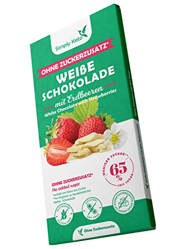 Simply Keto | Zuckerreduzierte Erdbeer Weiße Lower Carb* Schokolade mit Erdbeer-Stückchen - ohne Zuckerzusatz - Gesüßt mit Erythrit – 65% weniger Zucker - Glutenfrei & sojafrei - ohne Maltit von Simply Keto