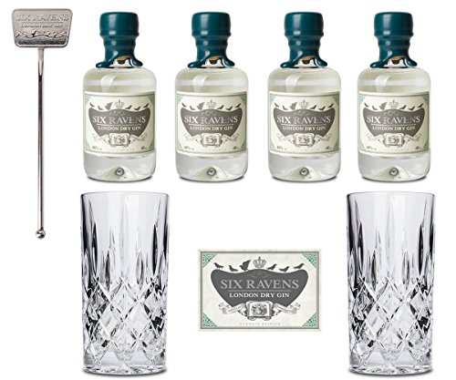 Gin Mini Miniaturflaschen Set | 4 Six Ravens Minis | 2 Gin Tonic Gläser | 1 Edelstahl Stirrer | Ideal als Geschenk von Six Ravens