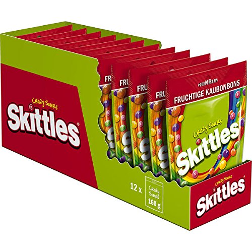 12 Beutel a 160g Skittles Crazy Sours aubonbons a 160g Kaudragees in knuspriger Zuckerhülle mit saurem Fruchtgeschmack von Skittles