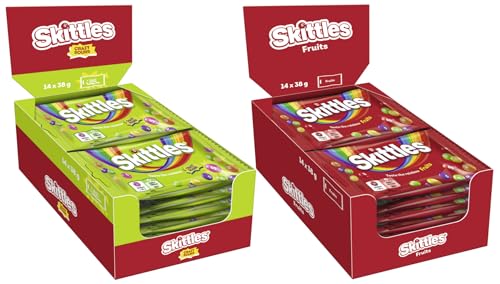 Skittles Mix Crazy Sours 14x38g & Fruits 14x38g Süßigkeiten, Kaubonbons mit Orange, Limette, Zitrone und weiteren Sorten, Vegane Süßigkeiten, süß und fruchtig von Skittles