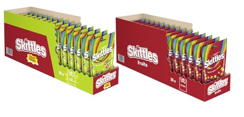 Skittles Mix Crazy Sours 15x136g & Sittles Fruits 15x136g Kaubonbons, Süßigkeiten, Kaubonbons mit Orange, Limette, Zitrone und weiteren Sorten, Vegane Süßigkeiten von Skittles