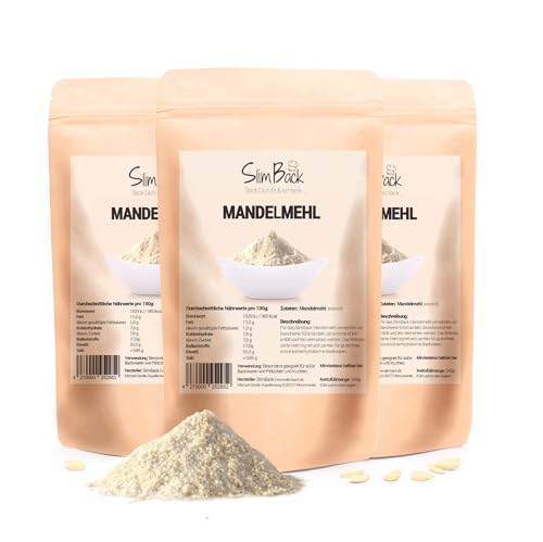 SlimBack - Mandelmehl - blanchiert & teilentölt - 3er-Set (735g) - Keto, vegan & glutenfrei - Mehl Ersatz mit 51g Protein zum Backen von SlimBack