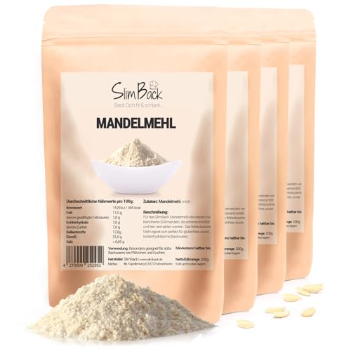 SlimBack - Mandelmehl entölt - Frische optimierter 4er-Pack, 800g, Keto & glutenfrei, Mehl Ersatz zum Backen von SlimBack