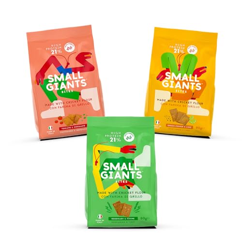 SMALL GIANTS®| Protein Chips Essbare Insekten, Gesunde Snacks mit Grillenmehl, Chips Mix, Low Carb, Tomato&Oregano, Rosemary&Thyme, Lime&Black Pepper-Geschmack. Kalorienarm Snacks, Ohne Zuckerzusatz von Small Giants