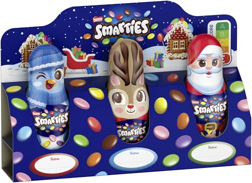 NESTLÉ SMARTIES Mini-Schoko-Weihnachtsmänner aus Milchschokolade, Hohlfigur gefüllt mit SMARTIES Mini Schokolinsen, 1er Pack (3x18.7g) von Smarties