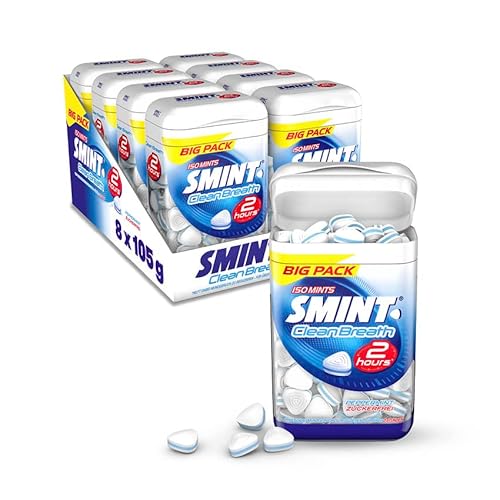 Smint 2H Clean Breath Peppermint, 8 Big-Pack Dosen mit je 150 Minz-Pastillen, zuckerfreie Mints für über 2 Stunden frischen Atem (8 x 150 Stück) von Smint