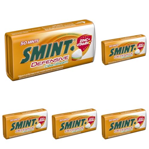 Smint Defensive Clean Breath, Metall-Dose enthält 50 Pastillen mit Orangen-Minz Geschmack, zuckerfreie Dragees mit Zink & Vitamin C (1 x 50 Stück) (Packung mit 5) von Smint