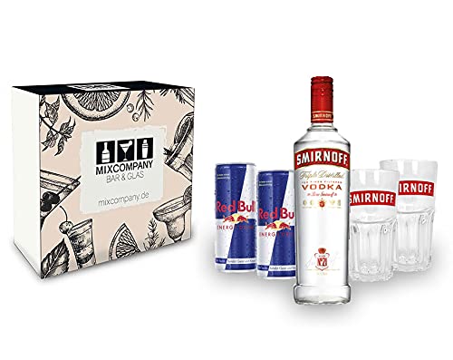 Vodka Red Bull Geschenkset Giftbox Set - Smirnoff Vodka 0,7l 700ml (40% Vol) + 2x Red Bull 250ml (Inkl. Pfand Einweg) + 2x Longdrink Gläser Glas- [Enthält Sulfite] von Smirnoff-Smirnoff