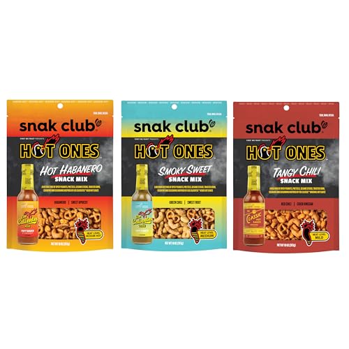 Snak Club Hot Ones Snack-Mix, Hot Habanero, Sweet Smoky und Tangy Chili, würzige Snacks mit Erdnüssen, Brezeln, Sesamstäbchen, gerösteter Mais, Cashews, veganer Snack, wiederverschließbare Beutel, 3 von Snak Club