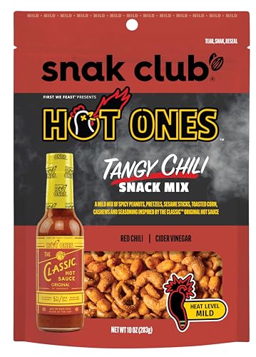 Snak Club x Hot Ones Snack-Mix, würzige Chili, würzige Snacks mit Erdnüssen, Brezeln, Sesamstäbchen, gerösteter Mais, Cashewnüsse, inspiriert von heißen, veganen Snack, 10 Unzen, wiederverschließbarer von Snak Club