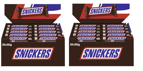 SNICKERS Riegel 2x 32x50g Schokoriegel Schokolade Milchschokolade, gefüllt mit feiner Candy-Creme und Karamell mit Erdnüssen von Snickers