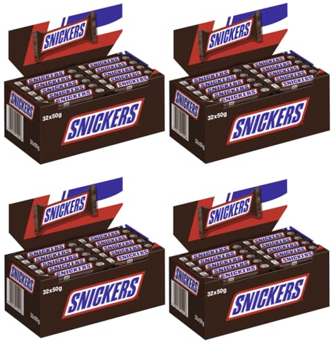 SNICKERS Riegel 4x 32x50g Milchschokolade, gefüllt mit feiner Candy-Creme und Karamell mit Erdnüssen von Snickers