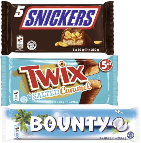 Schokoriegel Multipack-Mix 3 Packungen, 19 Riegel (731,5g) I Snickers 5x50g, Twix Salted Caramel 5x46g & Bounty 9x28,5g I Milchschokolade I Karamell I Erdnüsse I Keks I Kokosnuss von Snickers