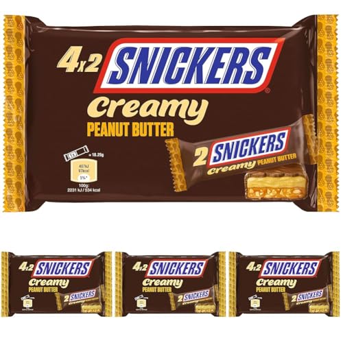 Snickers Creamy Peanut Butter Milchschokolade gefüllt mit Karamell und Erdnüssen Packung á 4 Doppelriegel 4 x 36,5g 146 g, Erdnussbutter, 1 stück (Packung mit 4) von Snickers