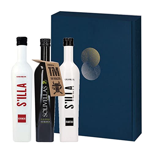 Geschenkbox Solivellas Olivenöle, 1 x S`ILLA Koroneiki 500 ml, 1 x S´ILLA Frantoio 500 ml, 1 x Oli di Mallorca 500 ml von Solivellas, Mallorca