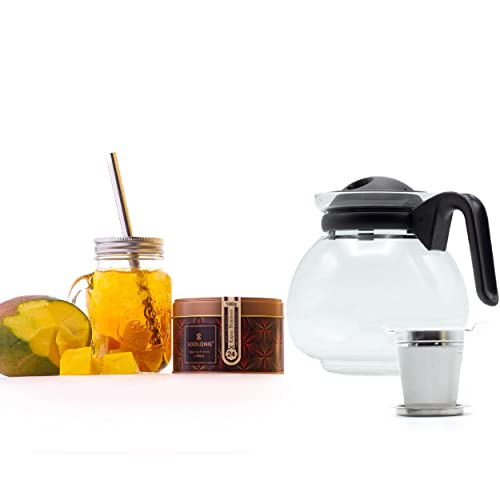 Soolong Ice Tea Set Enjoy Summer - Edelstahl Teesieb L - Weißer Tee - Mango - Loser Tee - robuste Designdose - 2x Teekanne original 1500ml - 4x Trendy Ice Tea Glas - Geschenk - 1 Stück von Soolong