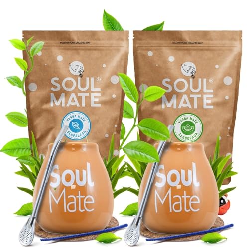 BIO Yerba Mate Geschenkset für Zwei – Soul Mate Sin Humo Despalada & Organica (2x500g) + 2x Keramik-Kalebasse + 2x Bombilla + Zubehör – Perfektes Set für Mate-Liebhaber von Soul Mate