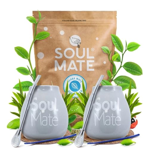 BIO Yerba Mate Set für Zwei – Soul Mate Sin Humo Despalada 500 g + 2x Keramik-Kalebasse + 2x Bombilla + Zubehör – Perfektes Geschenkset für Mate-Liebhaber von Soul Mate