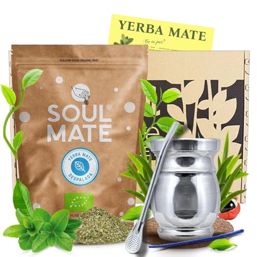 Geschenkset mit Soul Mate Sin Humo Despalada (Bio-Yerba Mate) und Palo Santo Kalebasse mit Zubehör von Soul Mate