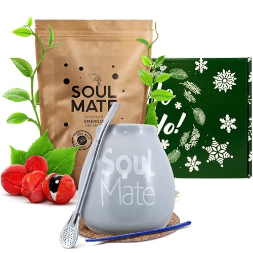 Geschenkset von Mate Tee Soul Mate mit Zubehör | Soul Mate Energia | Kalebasse, Bombilla und Zubehör | Brasilianische, biologische Mate Tee | Natürliches Koffein | 500g | 0,5kg von Soul Mate