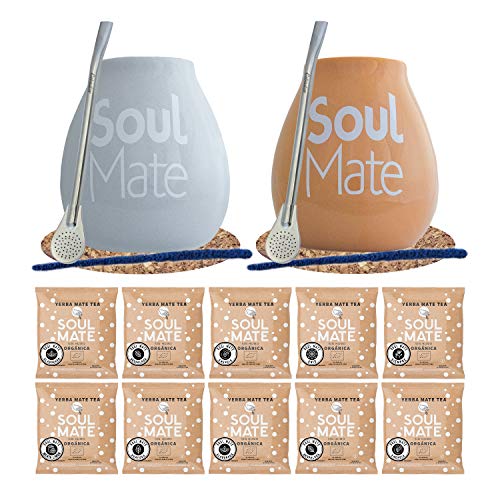 Soul Mate Mate Tee Set mit Zubehör für zwei Personen | Proben von Mate Tee | 10x50g | Kalebasse, Bombilla und Zubehör | Brasilianische, biologische Mate Tee | Natürliches Koffein | 500g | 0,5kg von Cebador