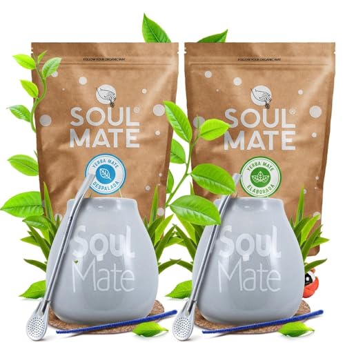 Yerba Mate Set für Zwei – Bio Soul Mate Sin Humo Despalada & Organica (2x500 g) + 2x Keramik-Kalebasse (grau) + 2x Bombilla + Zubehör – Perfektes Geschenkset für Mate-Liebhaber von Soul Mate