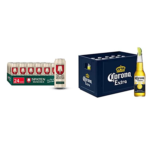 SPATEN Münchner Hell Dosenbier EINWEG, Helles Bier aus München (24 x 0.5 l) & Corona Extra Premium Lager Flaschenbier, MEHRWEG im Kasten, Internationales Lager Bier, (24 x 0.355 l) von Spaten
