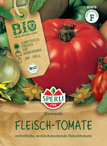 Sperli BIO Fleisch-Tomatensamen 83479 - Geschmacksintensive Tomaten für Salate, Suppen & Soßen, mittelfrühe, schnittfeste Fleischtomaten, samenfest, Orangerote Früchte bis 500g von Sperli