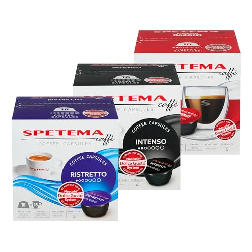 Spetema Espresso Mix Set Kaffeekapseln Kompatibel mit Dolce Gusto Maschinen - Ristretto, Intenso, Ragazzi - Mittlere Röstung, Hochwertige Espresso-Mischungen, 48 Kapseln Probierpaket (3 x 16 Kapseln) von Spetema