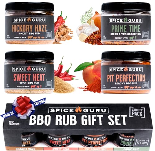 Spice Guru BBQ Rub Set – 4 Geschmacksrichtungen BBQ Gewürzset – Vatertagsgeschenke für Männer, die kochen – Vatergeschenke für Papa – Männer Geschenke – Geburtstagsgeschenke für Männer – Grillzubehör von Spice Guru