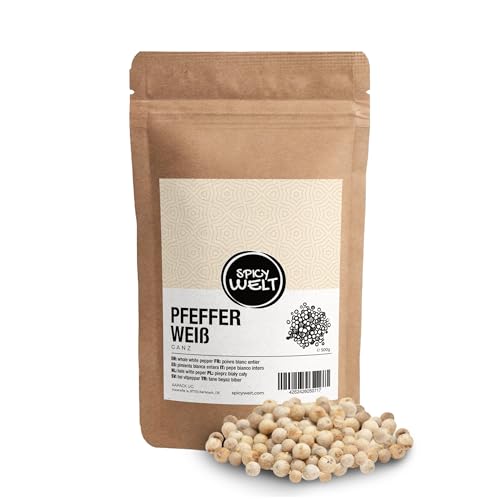 Spicy Welt Pfeffer Weiß Ganz (250g) – Ganze Weiße Pfefferkörner in Premium-Qualität für Pfeffermühlen & Kochen | Ungemahlen, 100% Naturrein, Ohne Zusätze von Spicy Welt