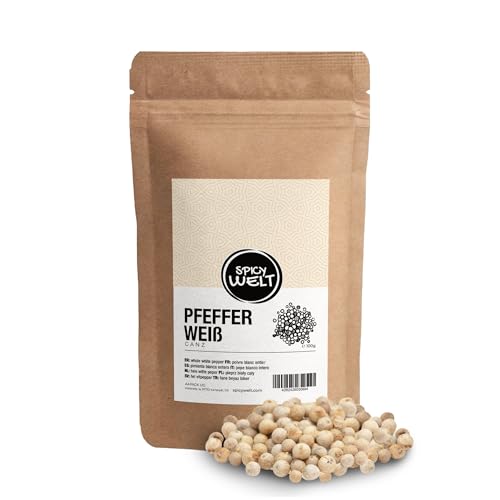 Spicy Welt Weißer Pfeffer Ganz (100g) – Ganze Weiße Pfefferkörner in Premium-Qualität für Pfeffermühlen, Saucen, Suppen & Gemüse | Ungemahlen, 100% Naturrein, Ohne Zusätze von Spicy Welt