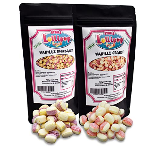 500g Leckere Fruchtbonbons – 250g Vanille Orange & 250g Vanille Rhabarber von Stalls Lollypop